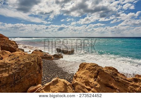 Beautiful Wild Beach With Clear Turquoise Water And Waves. Lara Beach, Cyprus.
