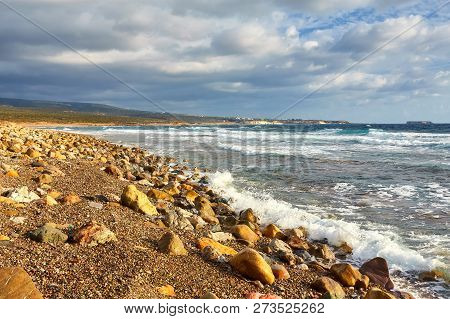 Beautiful Wild Beach With Clear Turquoise Water And Waves. Lara Beach, Cyprus.
