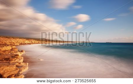 Beautiful Wild Beach With Clear Turquoise Water And Waves. Lara Beach, Cyprus.