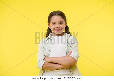 Cheerful And Confident. Little Girl With Cute Smile. Casual Look And Fashion. Feel Casual And Confid