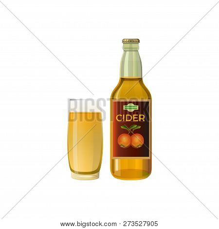 Bottle And A Glass Of Cider. Vector Illustration Isolated On White Background