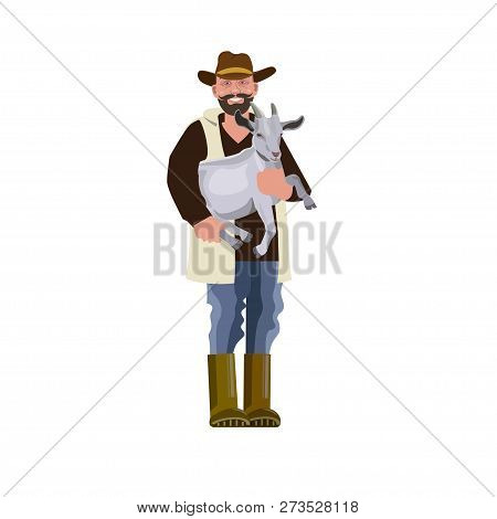 Farmer With Goat Kid In Hands. Vector Illustration Isolated On White Background