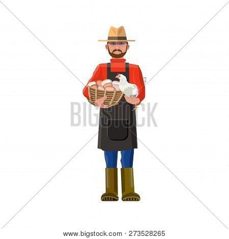 Happy Old Man Holding His Chicken And Basket Of Eggs. Vector Illustration Isolated On White Backgrou