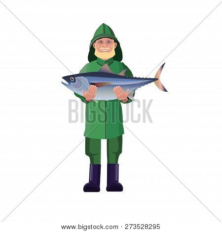 Fisherman In Waterproof Suit Holding Tuna Fish. Vector Illustration Isolated On White Background