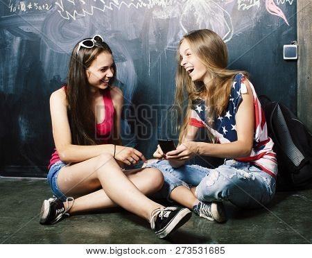 Back To School After Summer Vacations, Two Teen Real Girls In Cl