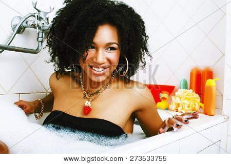 Young Pretty African American Girl Taking Bath With Foam, Lifest