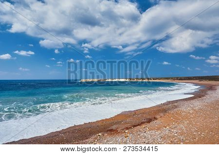 Beautiful Wild Beach With Clear Turquoise Water And Waves. Lara Beach, Cyprus.