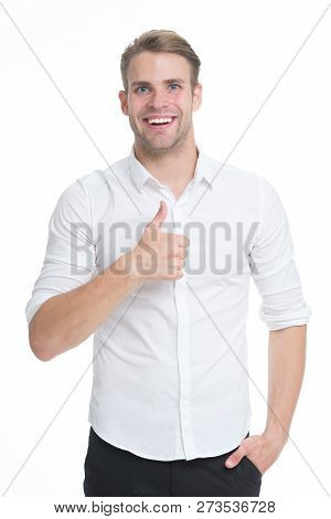 Guy Shows Thumbs Up Gesture. Excellent Quality. Man Confidently Highly Recommend White Background. G