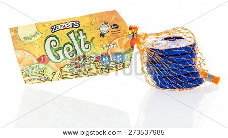 Winneconne, Wi - 25 November 2018: A Package Of Zazers Gelt Fruity Taffy Coins On An Isolated Backgr