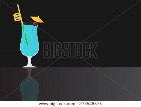 Blue Hawaii Cocktail On Black Mirrored Background. Vector Illustration For Web And Print,  Party Inv