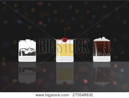 White Russian, Whisky Sour And Lemmy  On Black Mirrored Background. Vector Illustration For Web And 