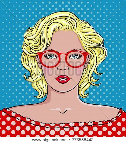 Pop Art Woman With Glasses. Woman Red Glasses