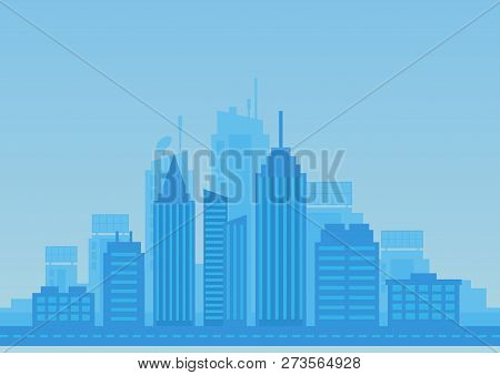 City Flat Background In Blue Color. Modern Town Illustration.