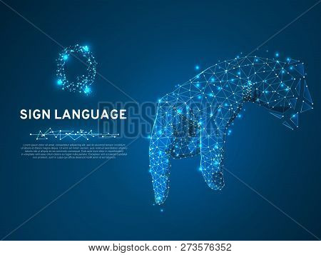 Sign Language Q Letter, Pointing, Targeting, Showing 3d Low Poly Model Of Human Hand. Neon Polygonal