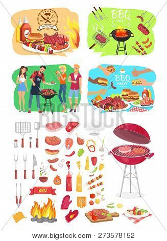 Bbq Grill Party Time Posters Set Isolated Icons Vector. Barbeque Cooking People Roasting Beef Meat O