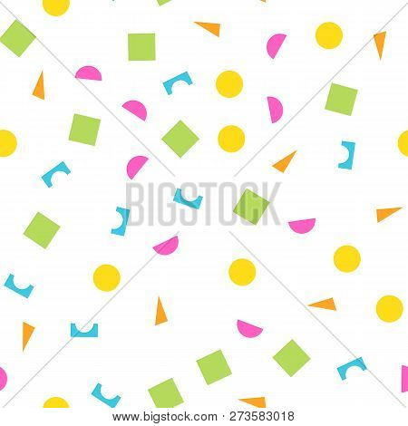 Colorful Seamless Pattern Of Building Kit Simple Geometric Shapes. Happy, Funny And Infantile Theme.