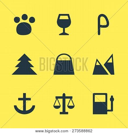 Illustration Of 9 Travel Icons. Editable Set Of Gas Station, Harbor, Law And Other Icon Elements.