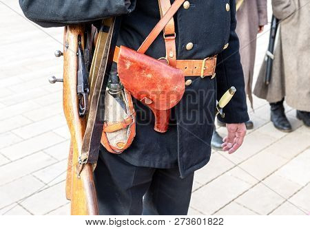 Vintage Leather Holster And Other Ammunition On The Belt. Retro Uniform Of Russian Navy During Russi