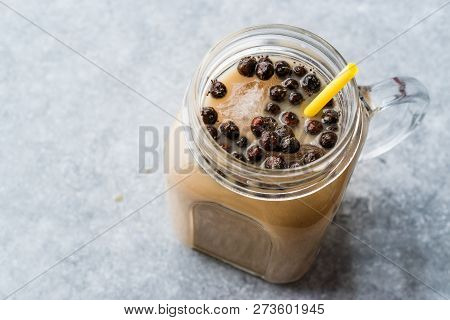 Homemade Milk Bubble Tea With Tapioca Pearls In Mason Jar.