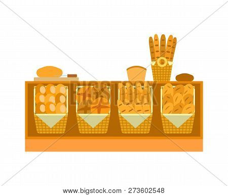 Ounter Stall With Bakery Food Products. Vector Shelf With Bread And Pastry Products, Dough And Buns,