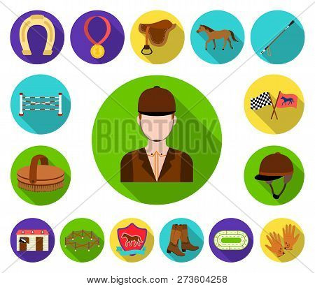 Hippodrome And Horse Flat Icons In Set Collection For Design. Horse Racing And Equipment Vector Symb