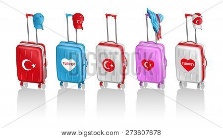 Wheeled Bags With Different Turkish Hats For Travel To Turkey. All The Objects Are In Different Laye