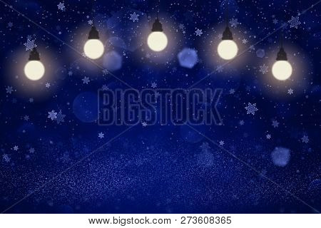 Blue Cute Glossy Abstract Background Glitter Lights With Light Bulbs And Falling Snow Flakes Fly Def
