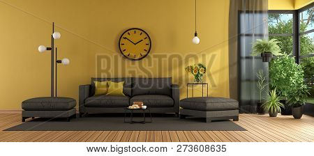 Modern Living Room With Gray Sofa And Footstool Against Yellow Wall - 3d Rendering