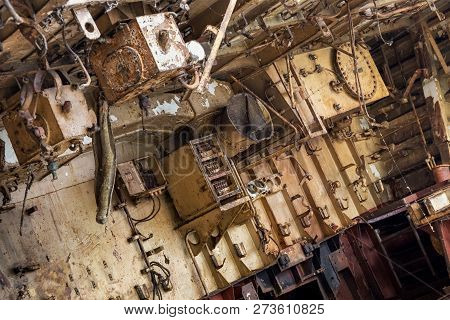 Internal Parts Of Decommissioned Marine Ship That Was Cut And Left On The Shore.