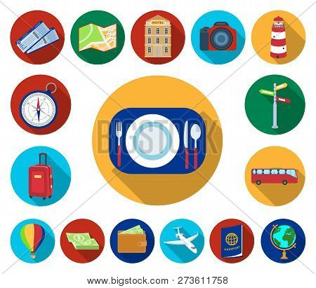 Rest And Travel Flat Icons In Set Collection For Design. Transport, Tourism Vector Symbol Stock Web 
