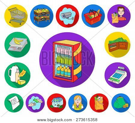 Supermarket And Equipment Flat Icons In Set Collection For Design. Purchase Of Products Vector Symbo