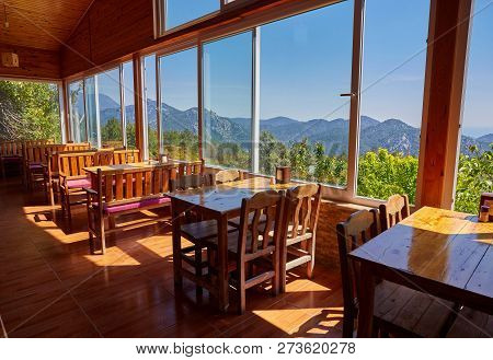 The Open Air Terrace With The View On Sea In Rustic Cafe Of Yoruk Park, Kemer, Turkey.