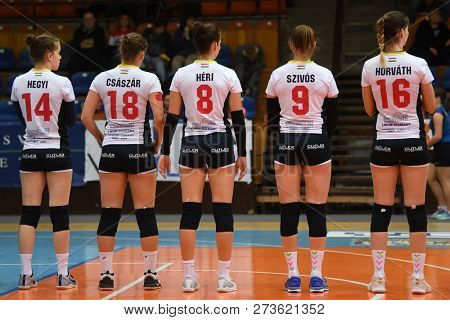 KAPOSVAR, HUNGARY â DECEMBER 2, 2018: Kaposvar players before a Hungarian National Championship volleyball game between Kaposvar (white) and Palota VSN (blue) in Sportcsarnok Kaposvar.