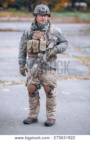 Kyiv, Ukraine - October 14, 2017: Man Dressed As An American Army Soldier With Rifle In His Hands Du