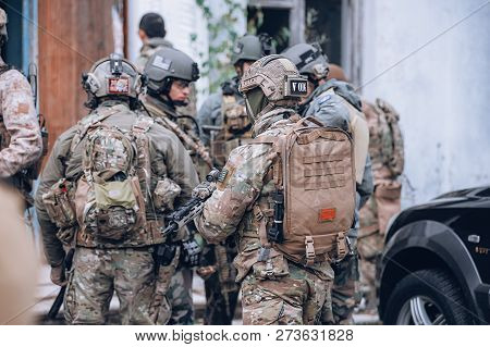 Kyiv, Ukraine - October 14, 2017: Man With Medical Backpack On His Back Is Standing By A Group Of So