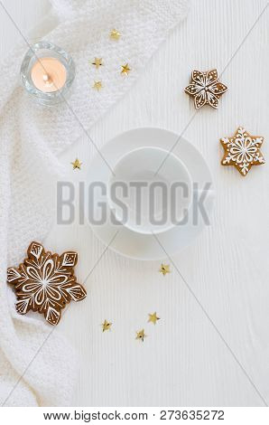 Christmas Background With Empty White Cup And Gingerbread.