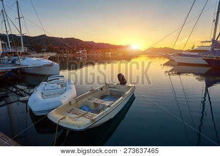 City Dock Of Boats. Marine Parking Of Boats And Yachts In Kekova Is A Sunken City In Turkey.