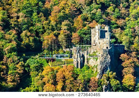 View Of Rheinstein Castle In The Upper Middle Rhine Valley. Unesco World Heritage In Germany