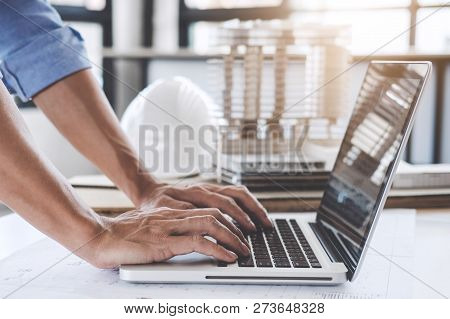 Construction Concept, Hands Of Architect Or Engineer Working For New Project Plan On Blueprint, Mode