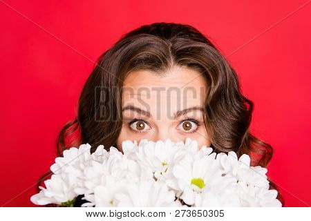 Close-up Cropped Portrait Of Nice Cute Lovely Attractive Amazed Stunned Wavy-haired Girl Hiding Hold
