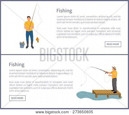 Fishing People Wearing Waders And Special Clothes On Posters Set. Man Catching Fish And Put In Bucke