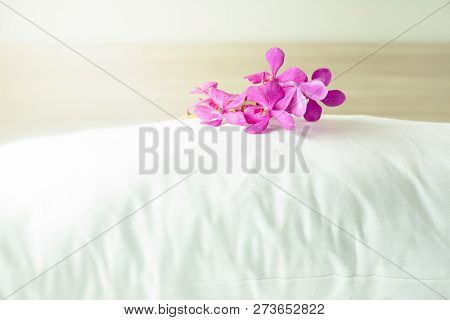Pillows And Beautiful Orchid Flower On Top In The Bed Room.