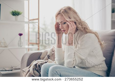 Profile Side View Portrait Of Nice Charming Attractive Gloomy Exhausted Wavy-haired Lady Wife Housew