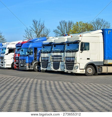 Trucks In East Europe. Transport. Long Vehicles. Poland, Horbov-kolonia - April 16, 2018