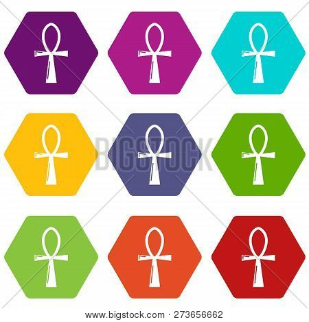 Ancient Egyptian Cross Ankh Icons 9 Set Coloful Isolated On White For Web