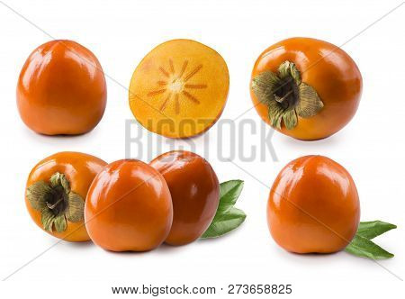 Set Of Persimmons Sharon. Persimmon With Copy Space For Text. Orange Ripe Persimmon Isolated On Whit