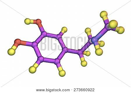 Epinephrine Molecule, 3d Illustration. A Hormone Produced By Adrenal Gland, It Has Effect On Blood P