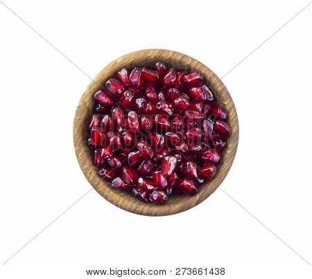 Bowl With Pomegranate Seeds Isolated On White Background. Ripe Pomegranates Close-up. Sweet And Juic