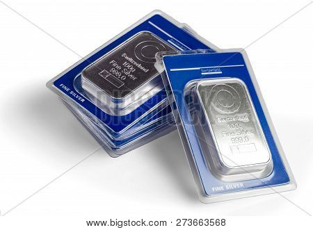 Five Minted Silver Bars In Blister Pack. On A White Background.