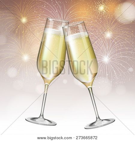 Realistic Vector Illustration Of Champagne Glasses On Blurred Holiday Golden Firework Background